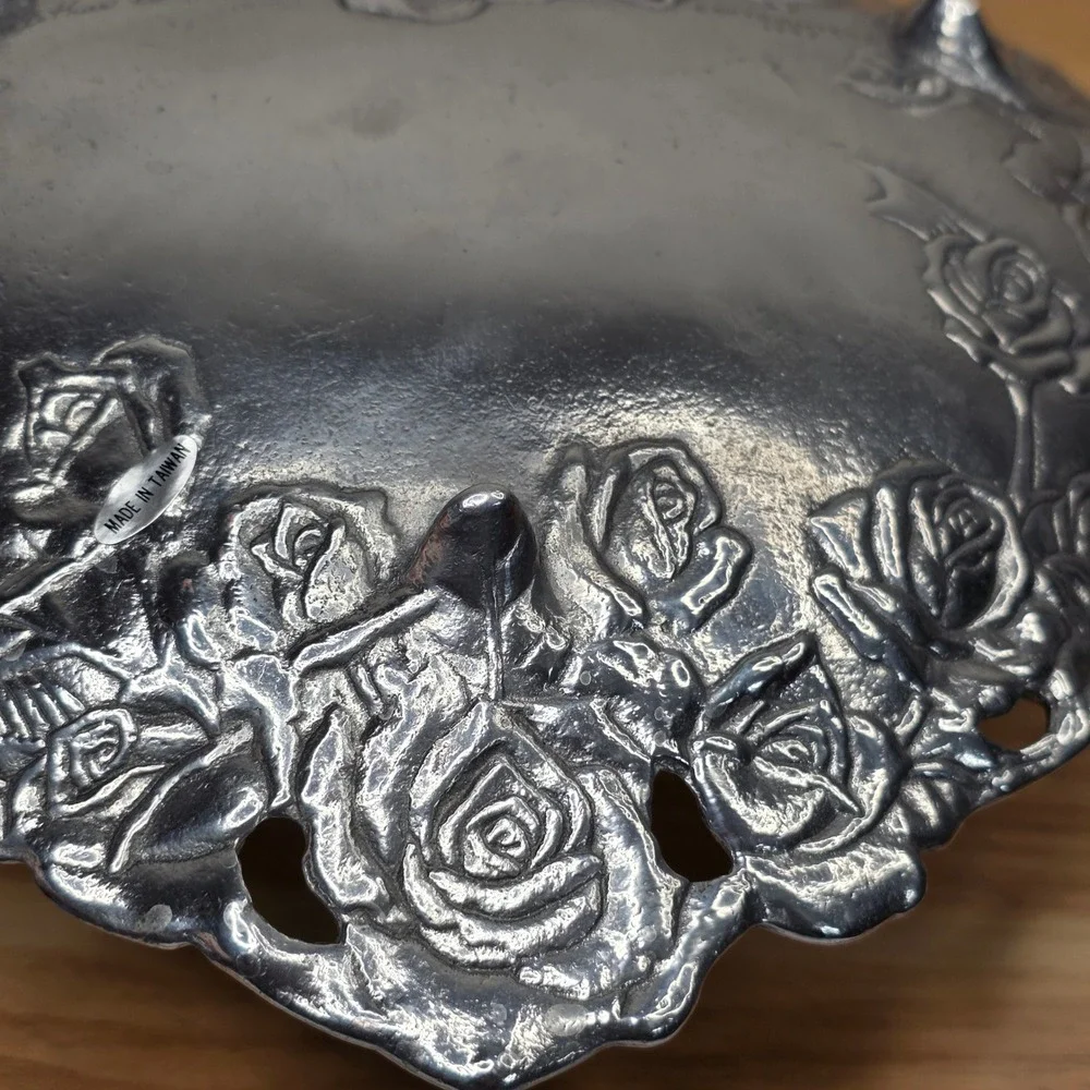 Vintage Arthur Court‎ California Rose Heart Tray Silver 1993 Aluminum With Box